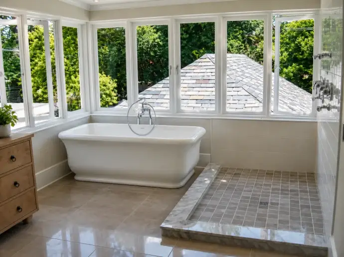Bathroom renovation with a freestanding bath by Boersema Construction