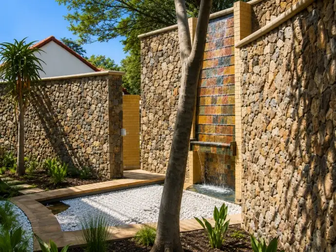 Stone feature wall and water feature in a landscaped Pretoria courtyard