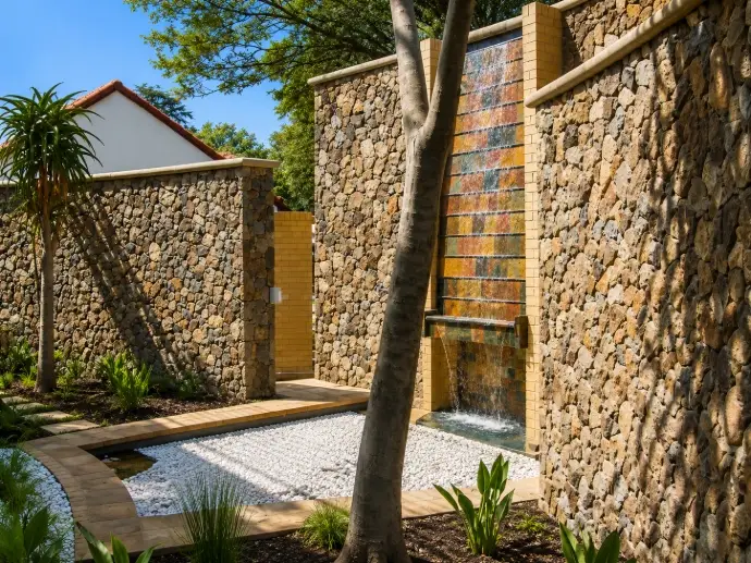 Stone feature wall and water feature in a landscaped Pretoria courtyard